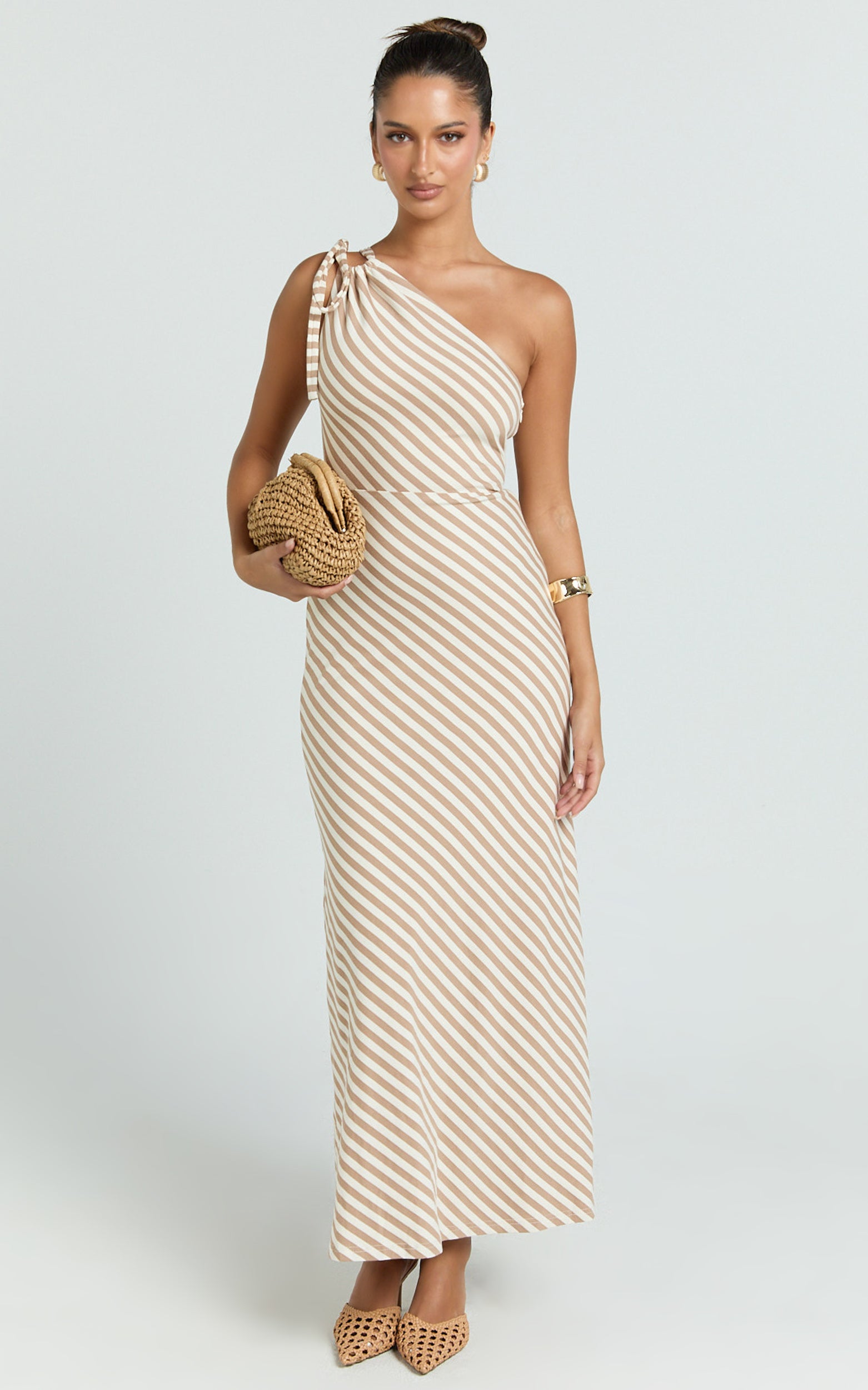 Dora Midi Dress - One Shoulder Dress in Beige