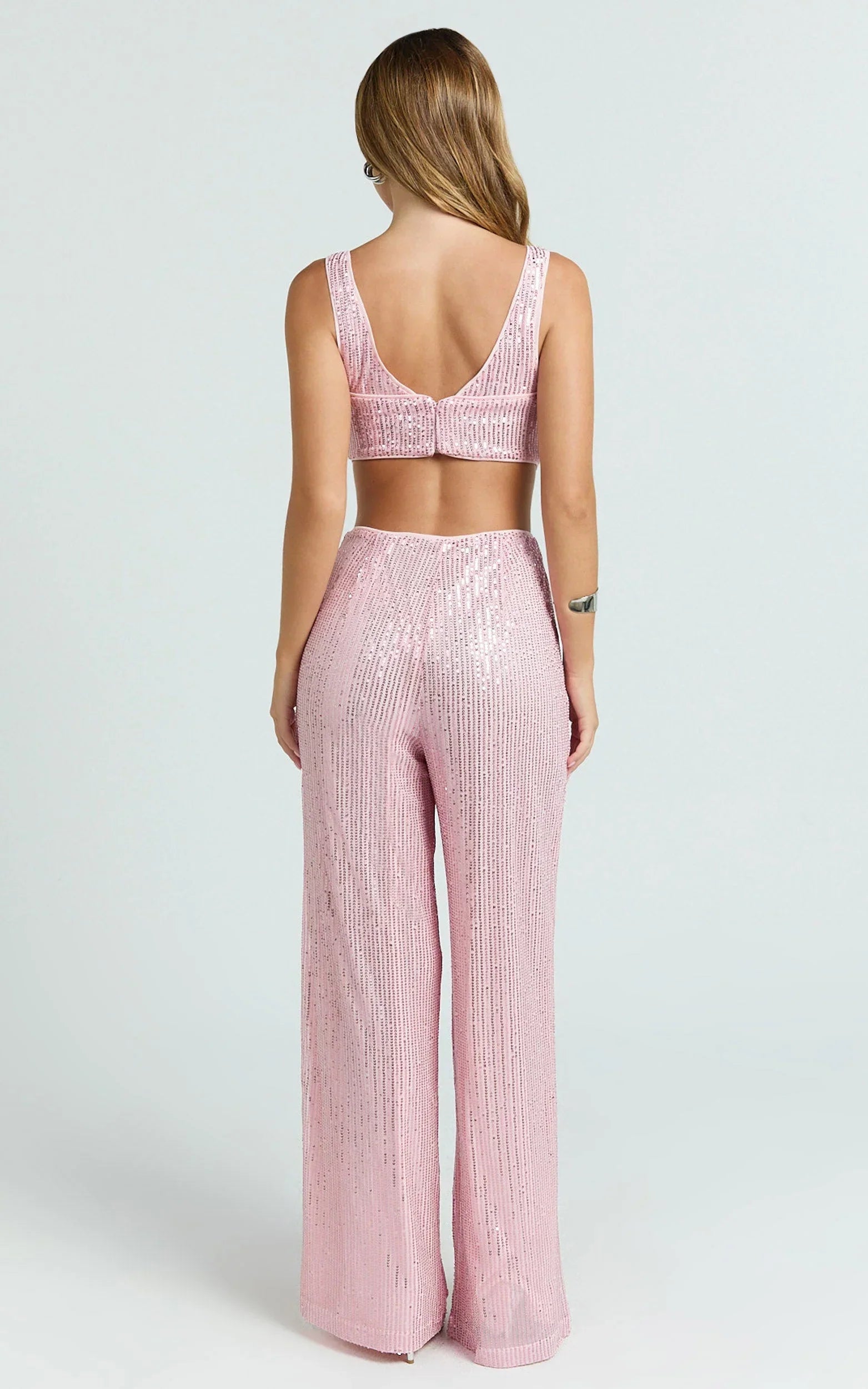 Abela Two Piece Set - Crop Top and Wide Leg Pants Set in Pink Sequin