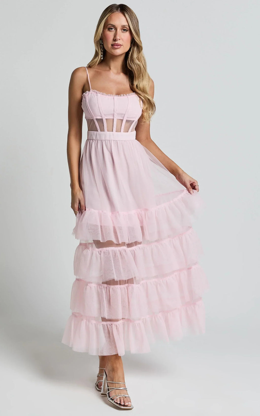 Evelynn Midi Dress - Sweetheart Corset Bodice Fit & Flare Tiered in Ballet Pink