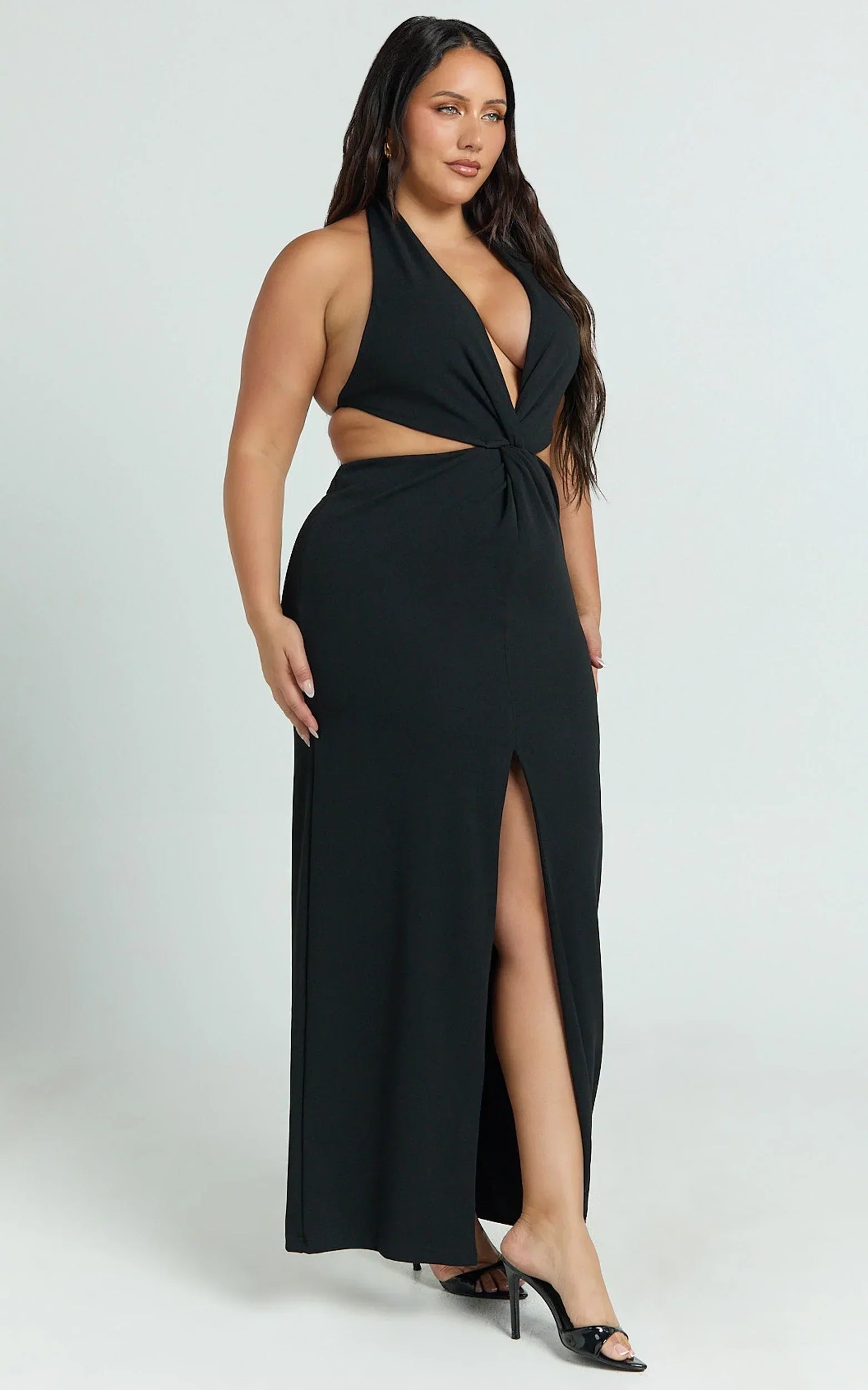 Rose Maxi Dress - Plunge Halter Front Split Dress in Black