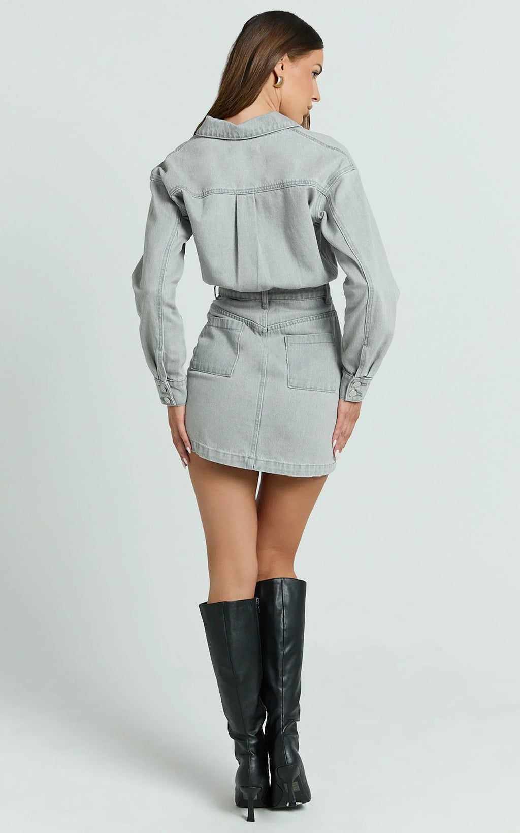 Kamala Mini Dress - Long Sleeve Button Through Denim Dress in Grey