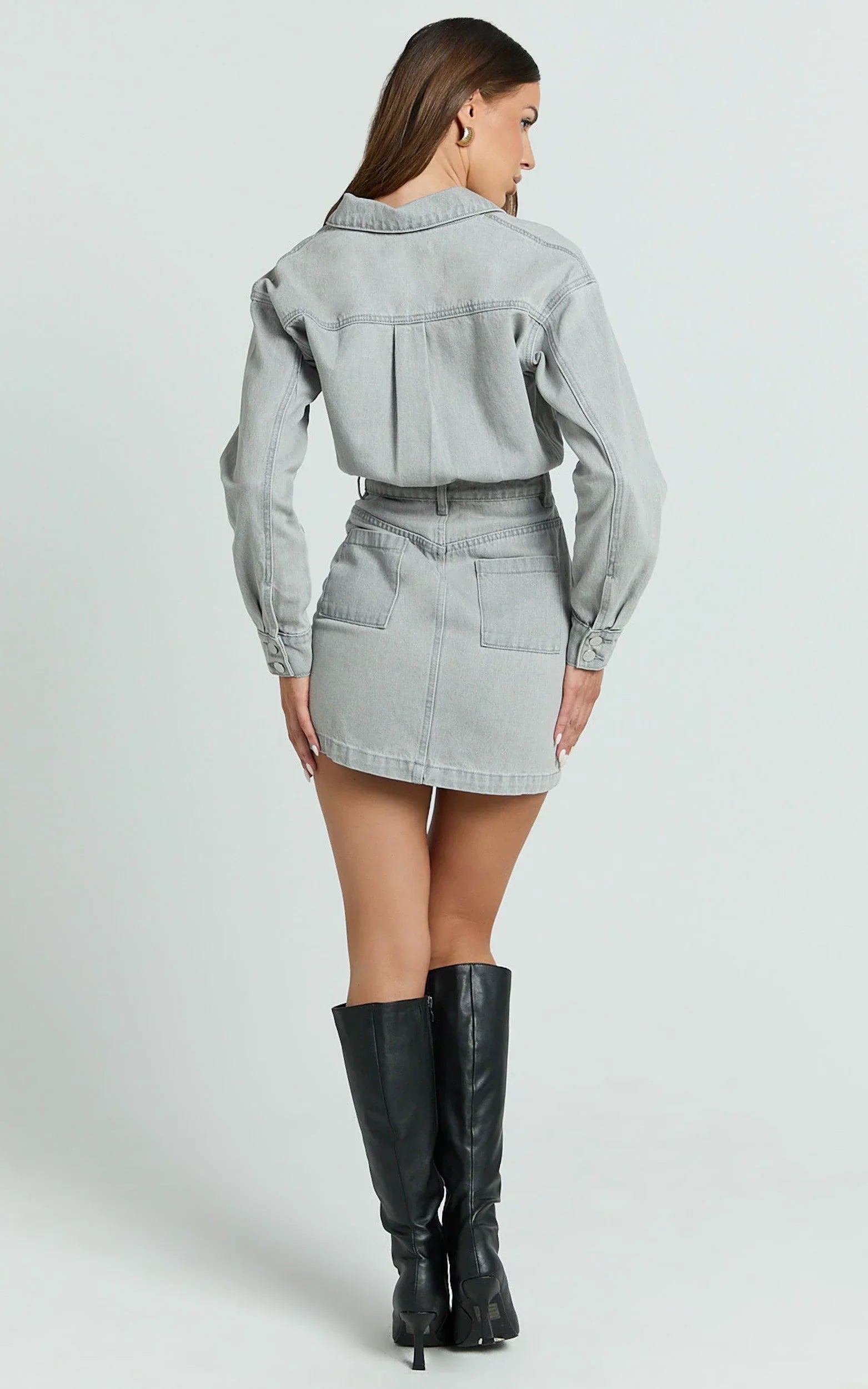 Kamala Mini Dress - Long Sleeve Button Through Denim Dress in Grey