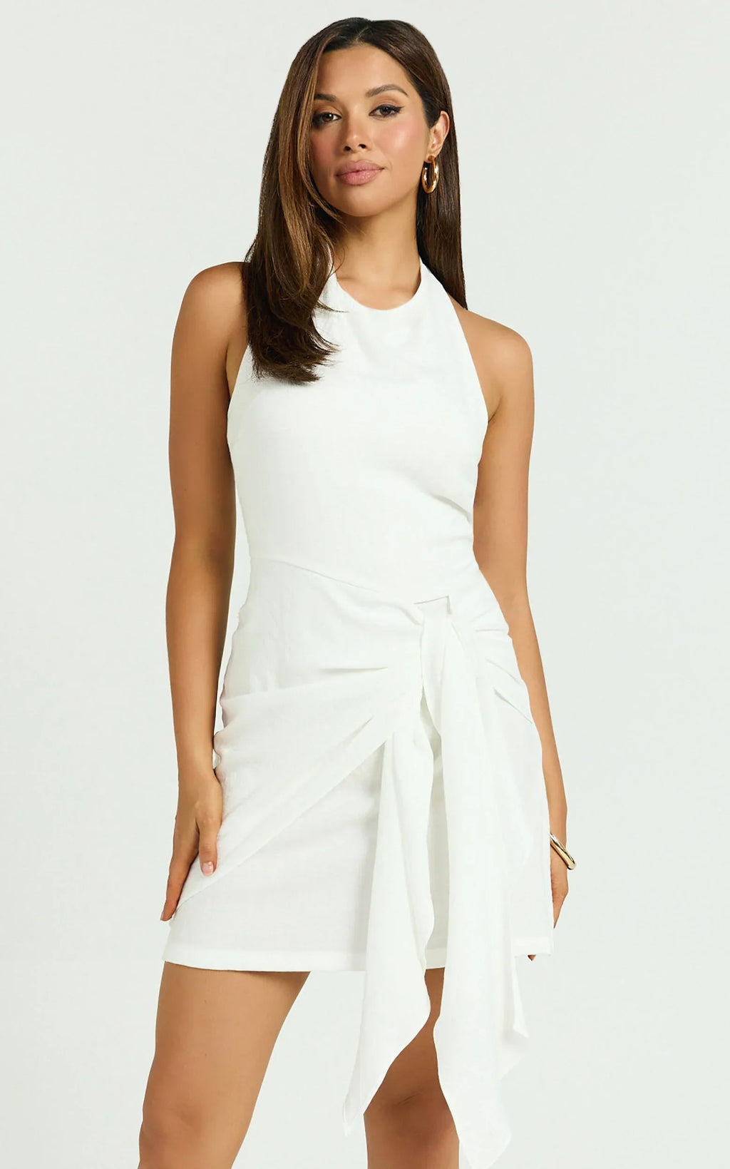 Aoife Mini Linen Blend Dress - Sleeveless Scoop Neck Wrap Dress in White