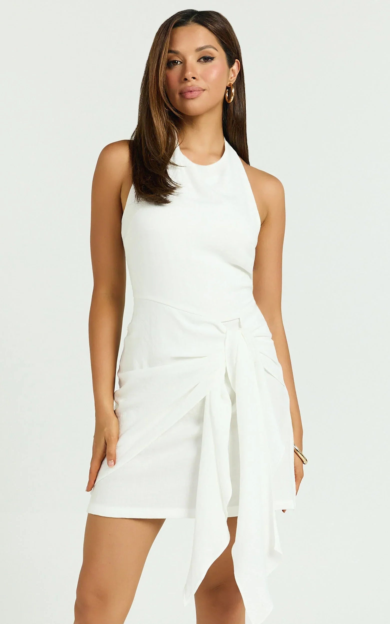 Aoife Mini Linen Blend Dress - Sleeveless Scoop Neck Wrap Dress in White