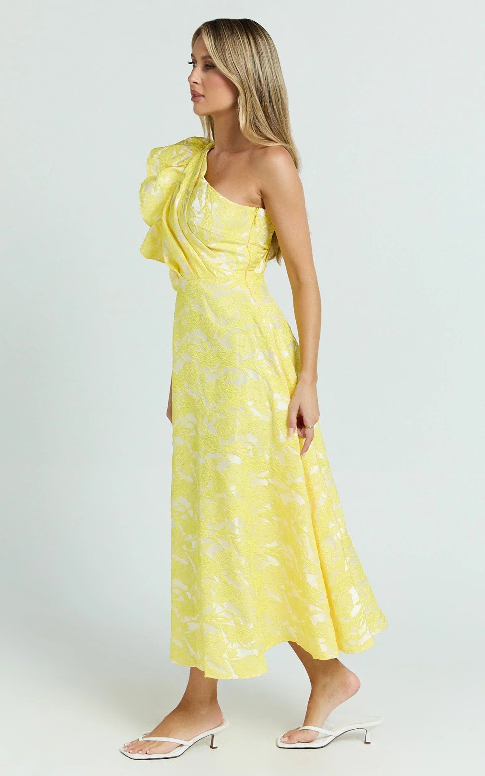 Alfreda Midi Dress - One Shoulder Ruffle Detail Brailey Jacquard Dress in Yellow Jacquard