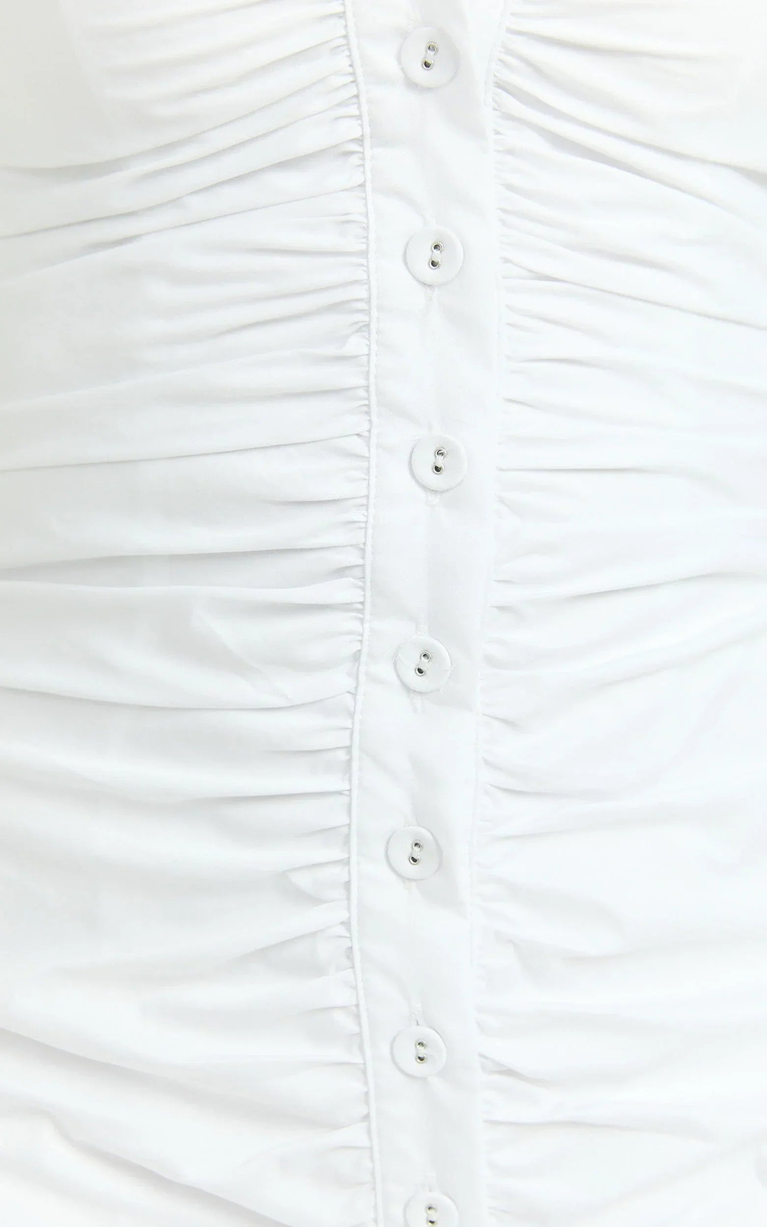 Mya Mini Dress - Scoop Neck Ruched Button Front Puff Sleeve Dress in White