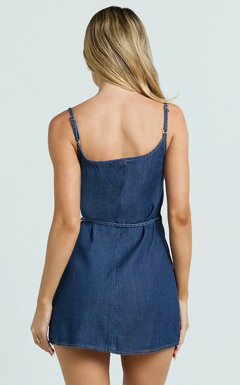 Ramira Mini Dress - Denim Halter Neck Wrap Tie Mini Dress in Raw