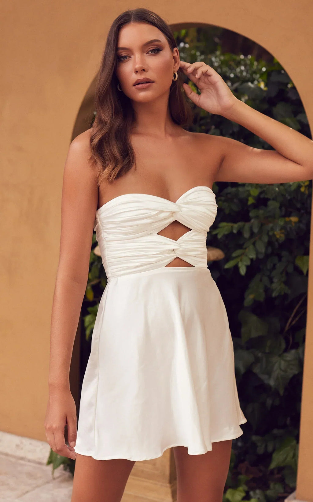 Almaeh Mini Dress - Twist Front Cut Out Strapless Slip Dress in White