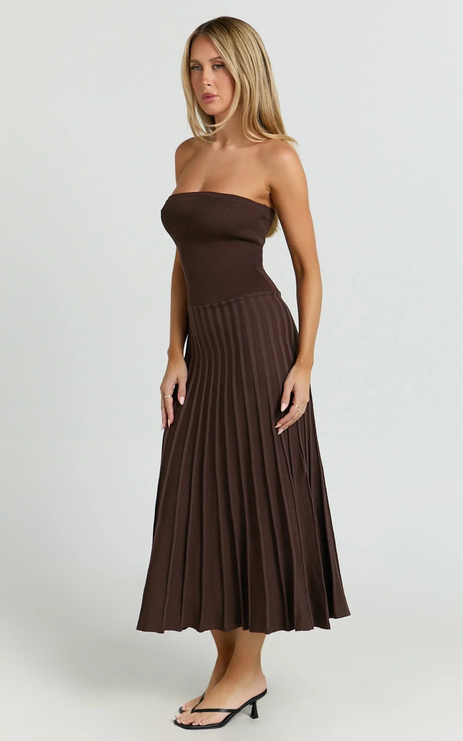 Paris Midi Dress - Strapless Drop Waist Pleated Knit Dress in Chocolate