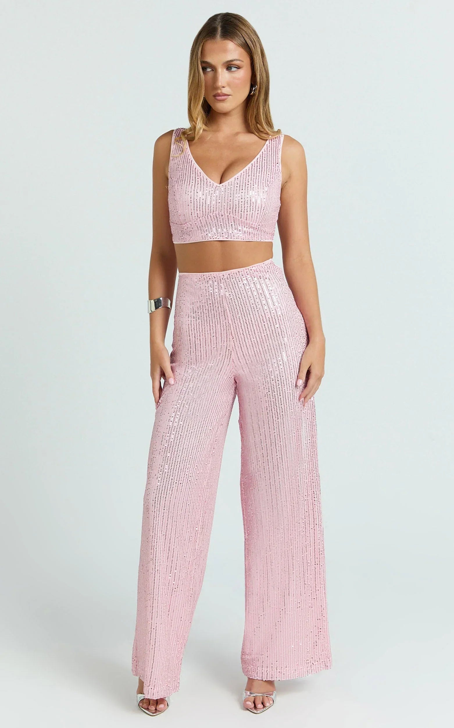 Abela Two Piece Set - Crop Top and Wide Leg Pants Set in Pink Sequin