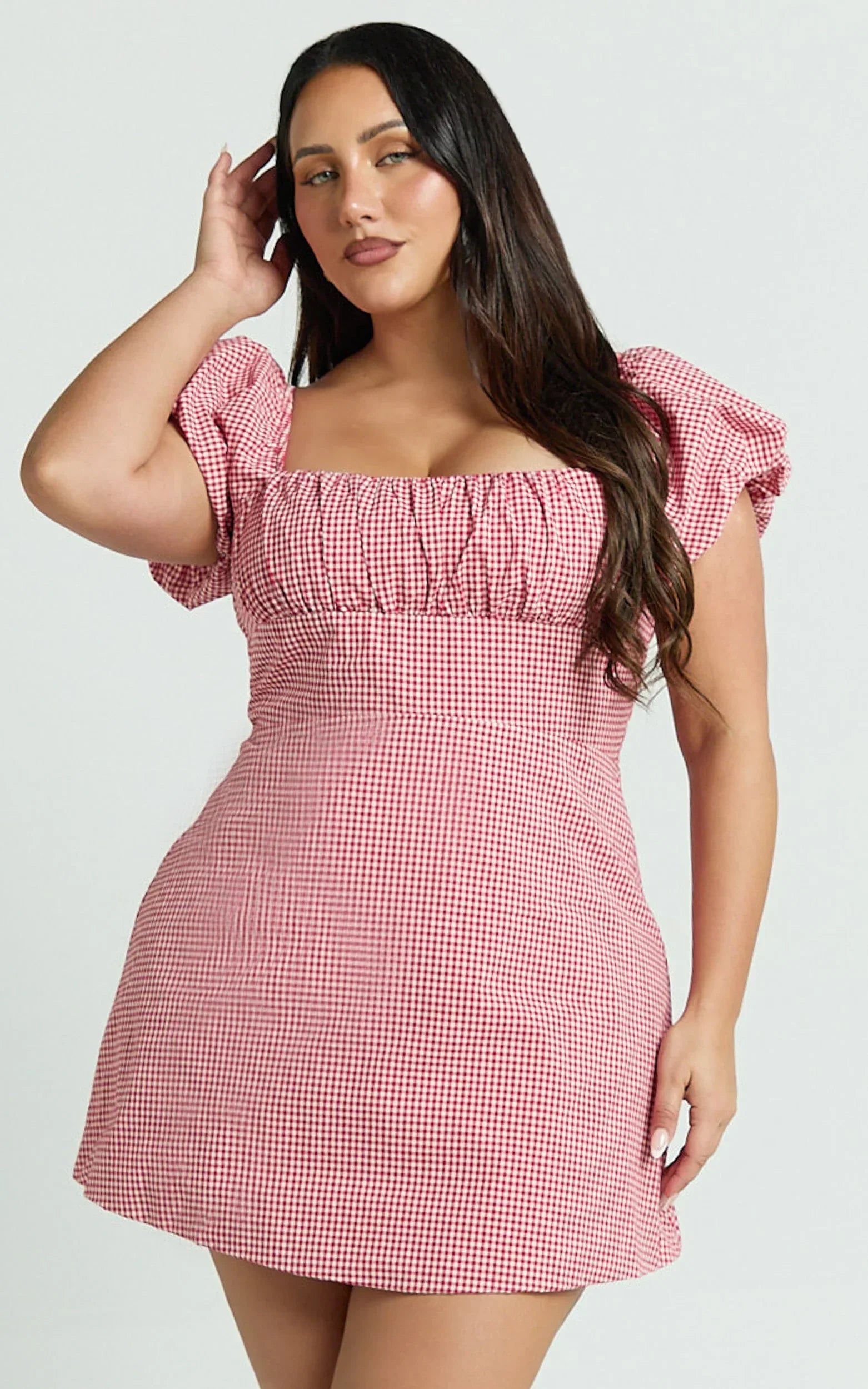 Ginny Mini Dress - Square Neck Ruched Bodice Puff Sleeve Straight Dress in Red Gingham