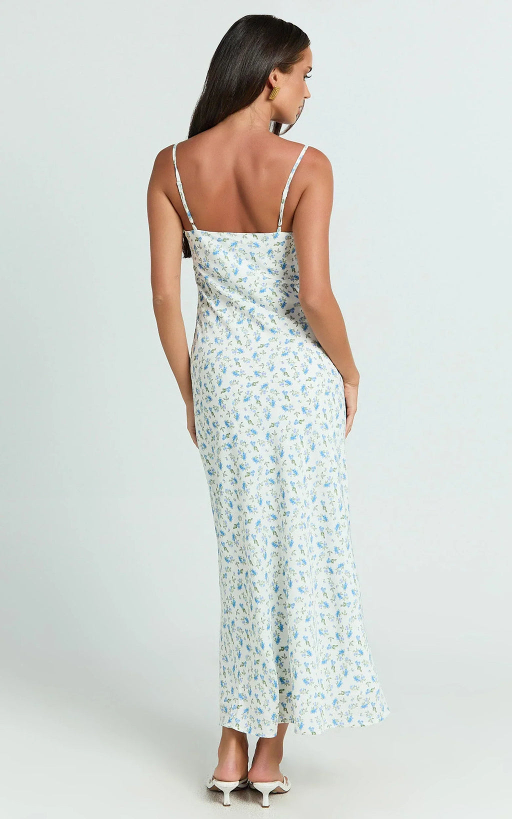 Owen Maxi Dress - Strappy Scoop Neck Tie Front Bias Skirt Dress in Blue Ditsy Floral