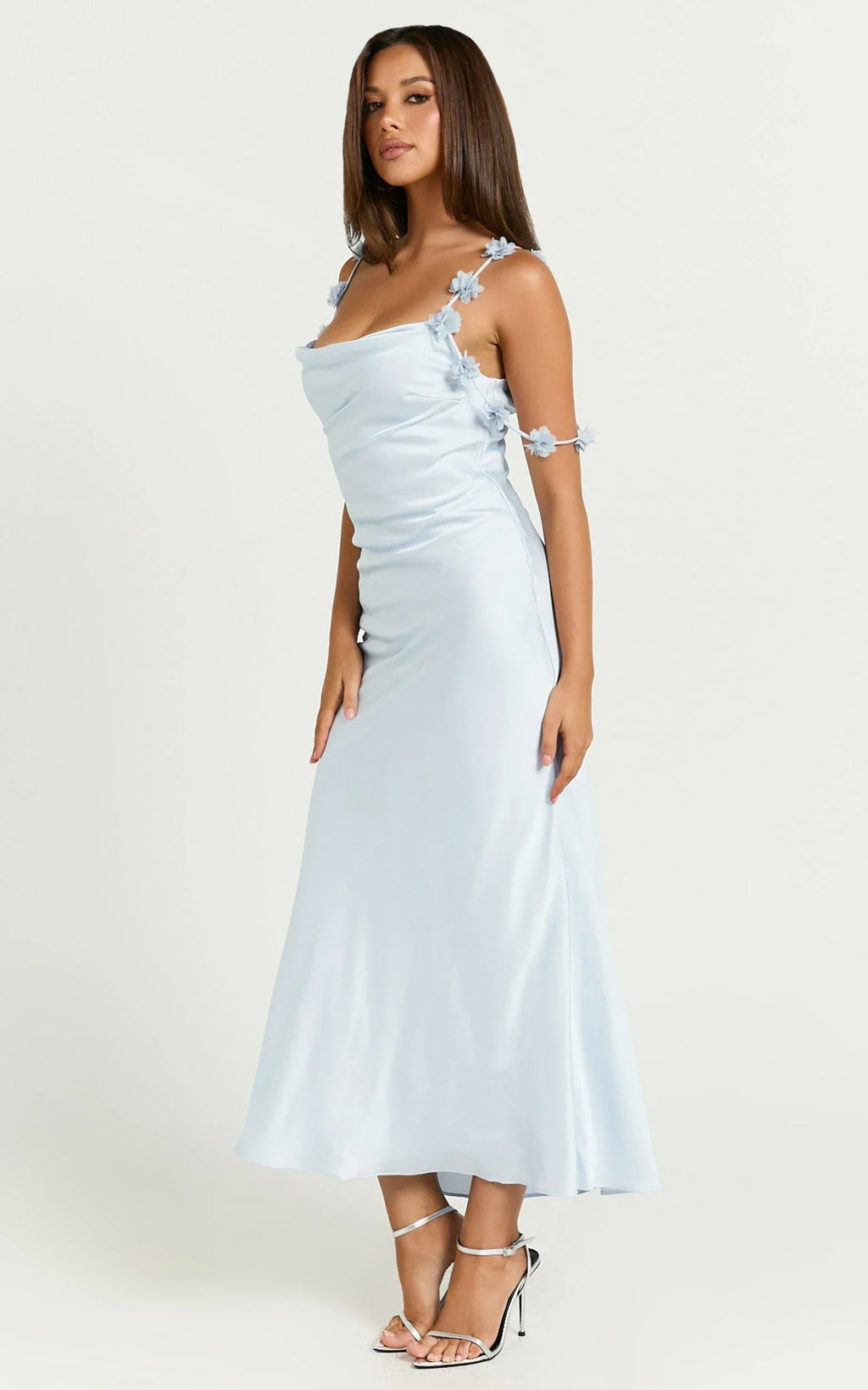 Lyka Midi Dress - Floral Straps Satin Dress in Light Blue