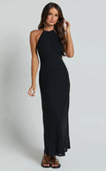 Cyrena Maxi Dress - Linen Halter Neck Sleeveless Slip Dress in Black
