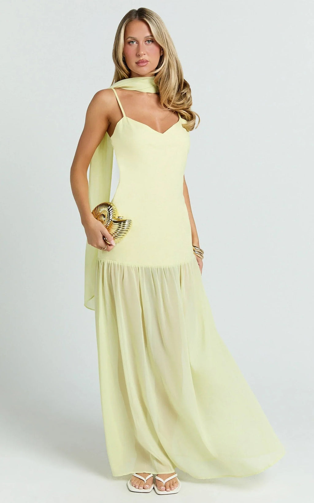 Calvin Maxi Dress - Linen Look Contrast Georgette Skirt with Neck Scarf in Lemon