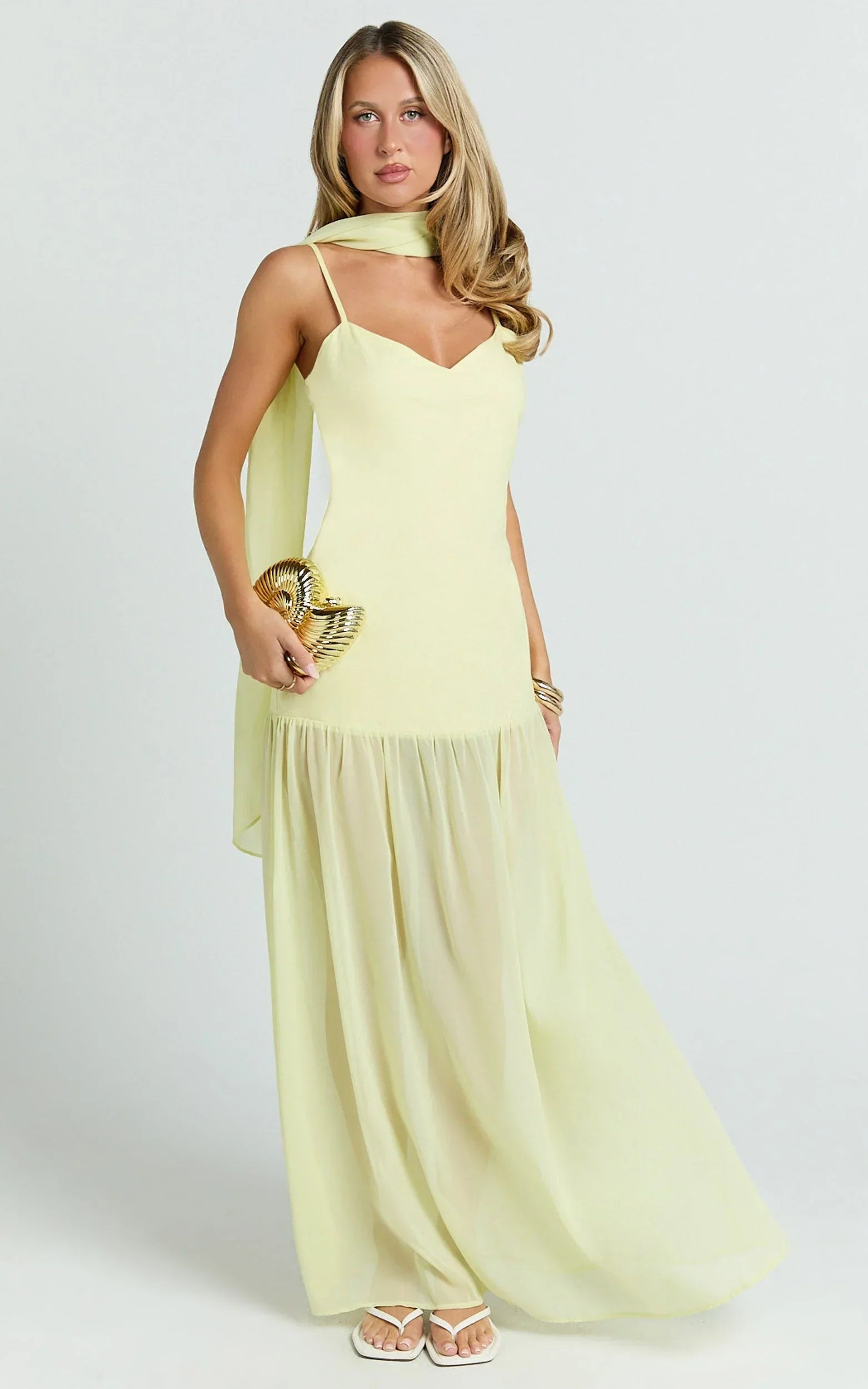 Calvin Maxi Dress - Linen Look Contrast Georgette Skirt with Neck Scarf in Lemon