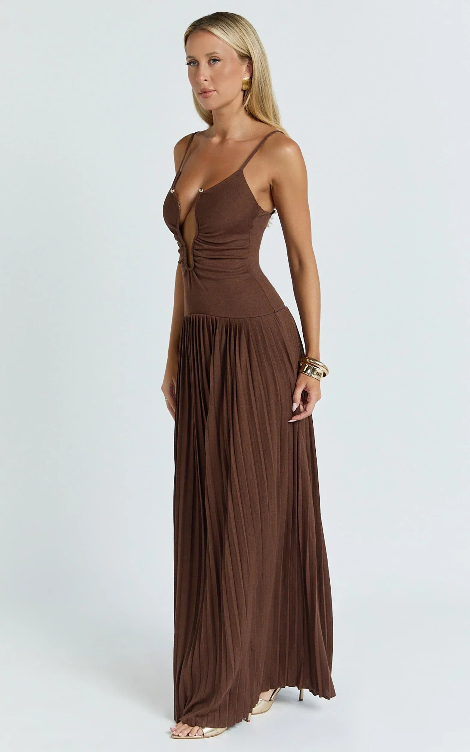 Hathaway Maxi Dress - U Shaped Neck Pleated Dress in Chocolate