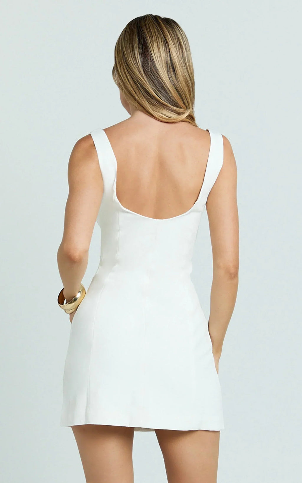 Marcia Mini Dress - Scoop Neck Hook And Eye Front Bodice Fitted Dress in Cream