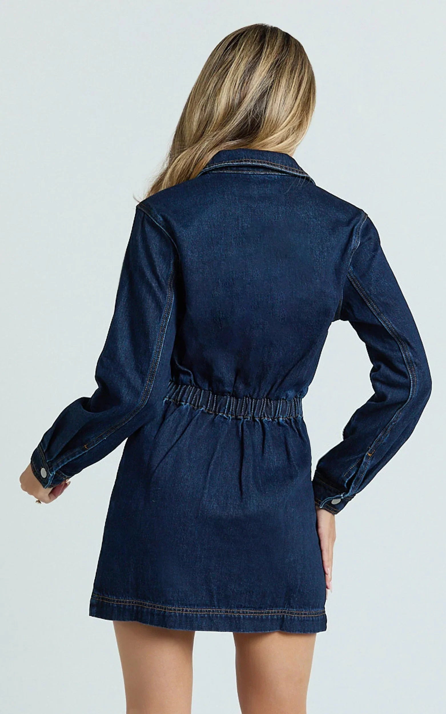 Ainsley Mini Dress - Button Through Long Sleeve Denim Dress in Dark Blue