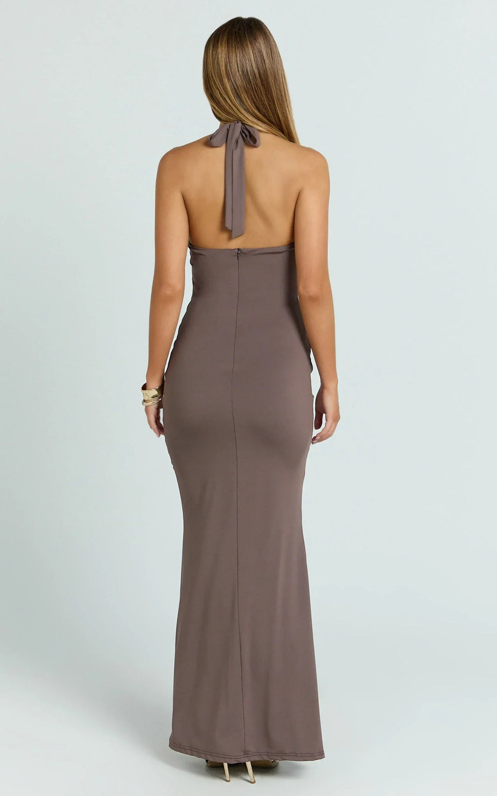 Heath Maxi Dress - Scoop Halter Neck With Drape Front Skirt Back Split Dress in Brown