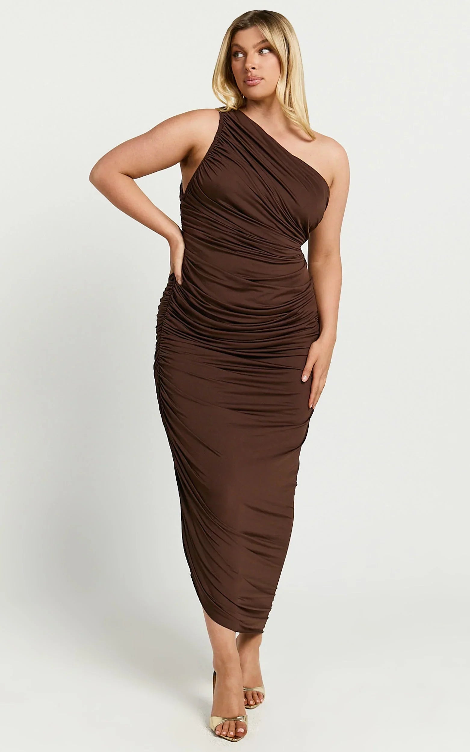 Lovlin Midi Dress - One Shoulder Ruched Dress in Chocolate