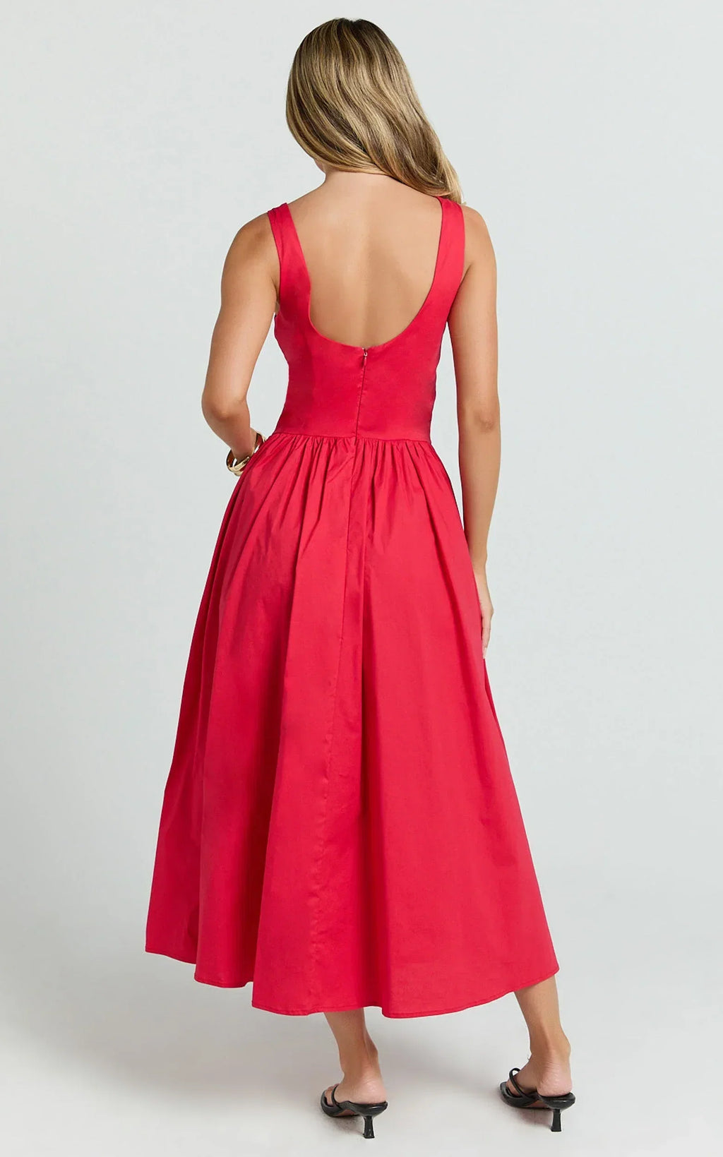 Beckett Midi Dress - Scoop Neck Drop V Waist Gathered Skirt Dress in Red