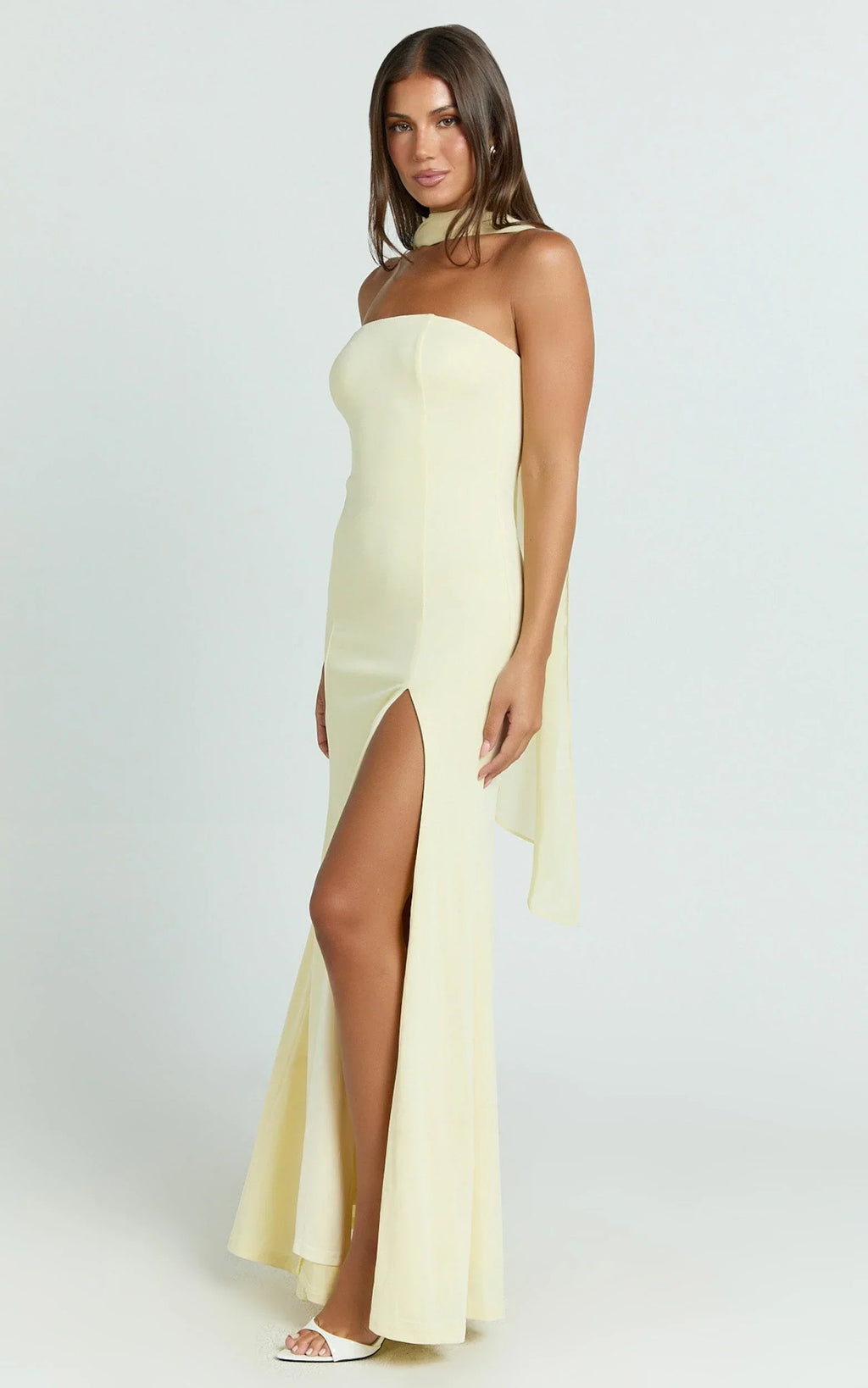 Dorothea Maxi Dress - Georgette Scarf Fit and Flare Dress in Lemon