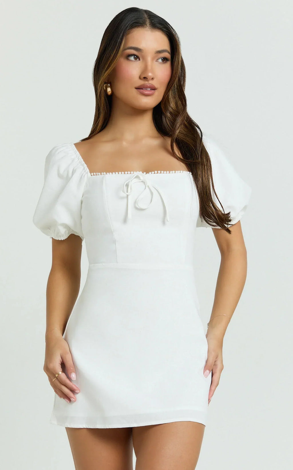 Jules Mini Dress - Puff Sleeve Square Neck Fit And Flare Dress in White