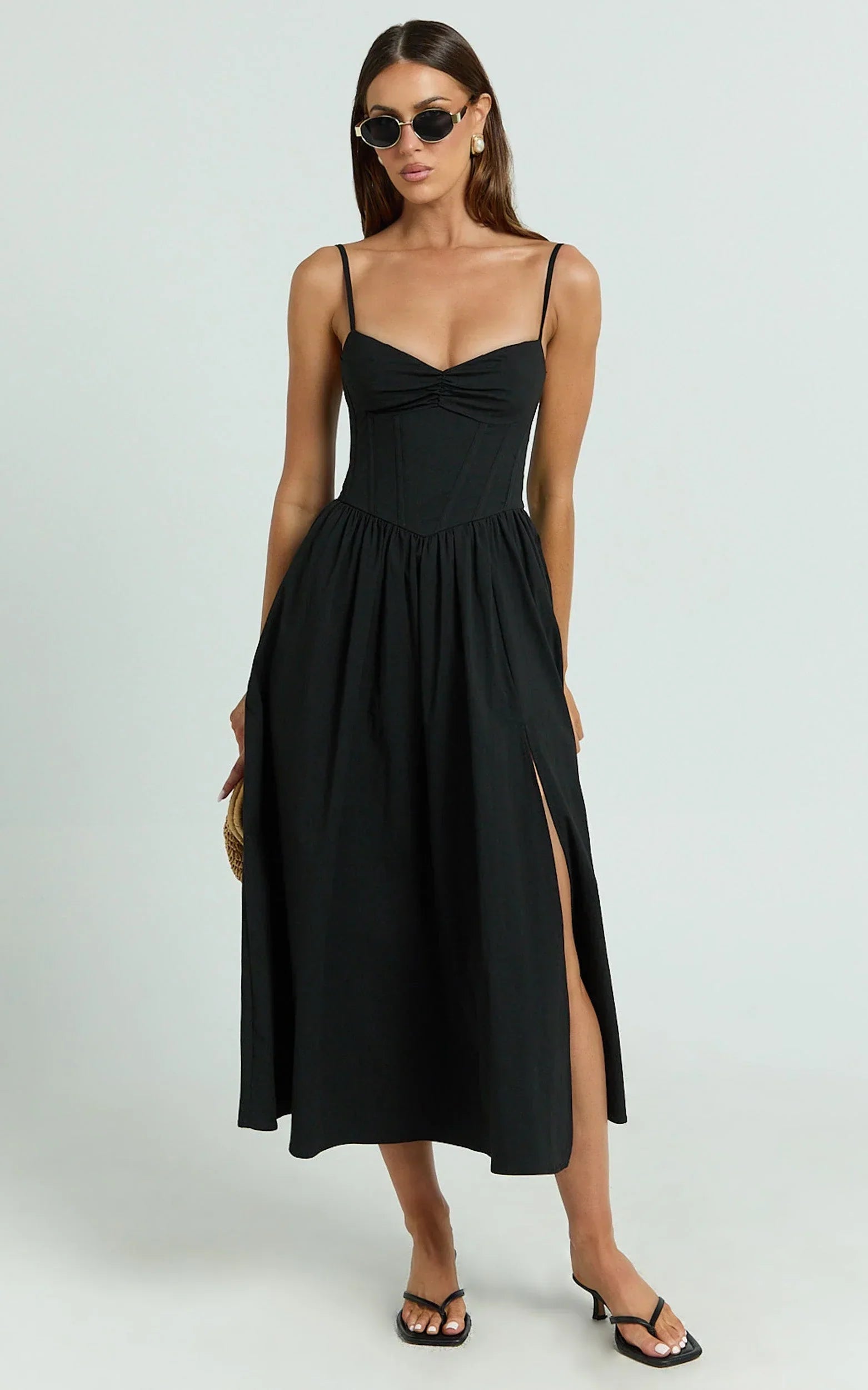 Maddie Midi Dress - Sweetheart Fit And Flare Gathered Dress in Black