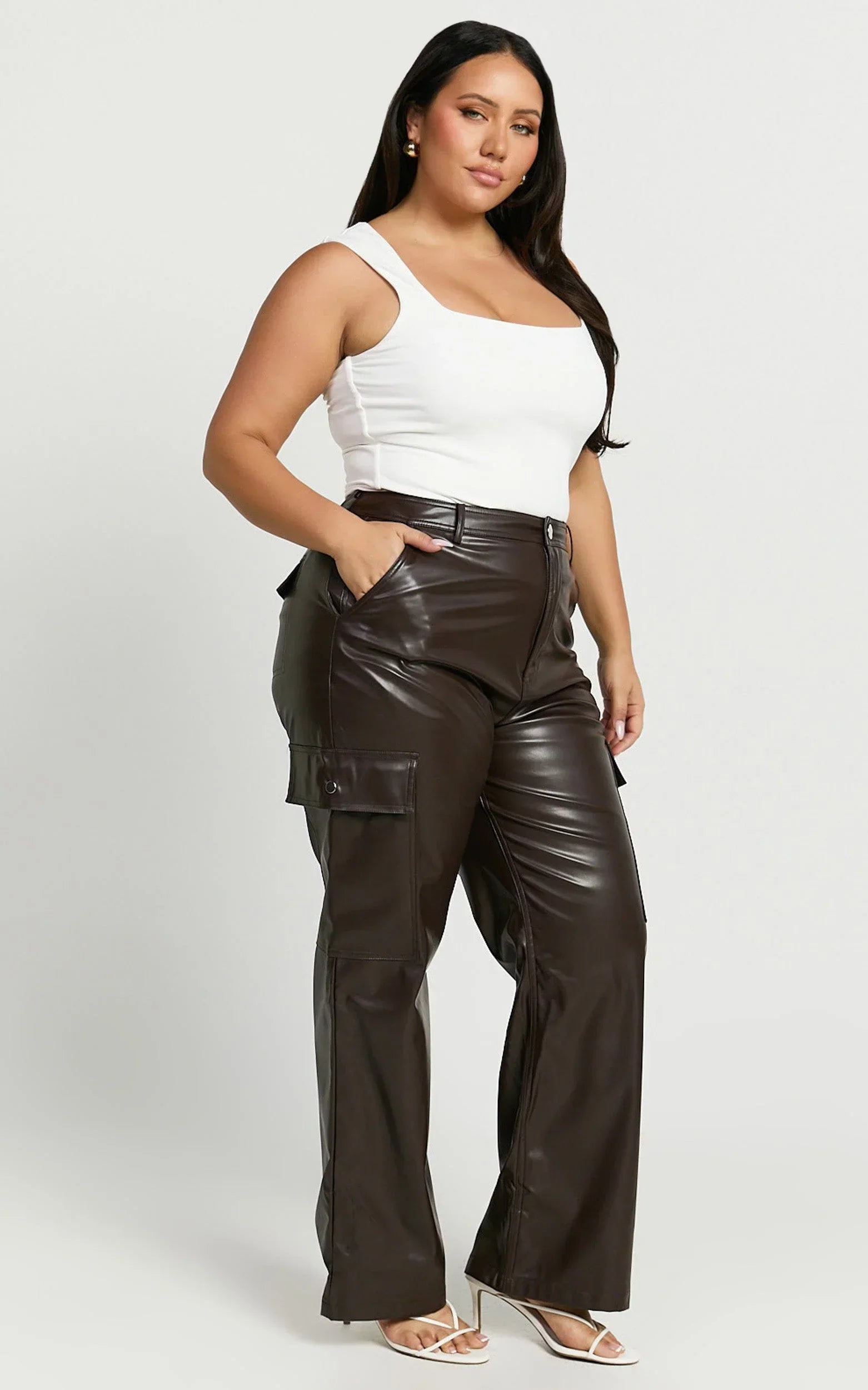 Elviera Pants - High Waisted Faux Leather Cargo Pants in Dark Chocolate