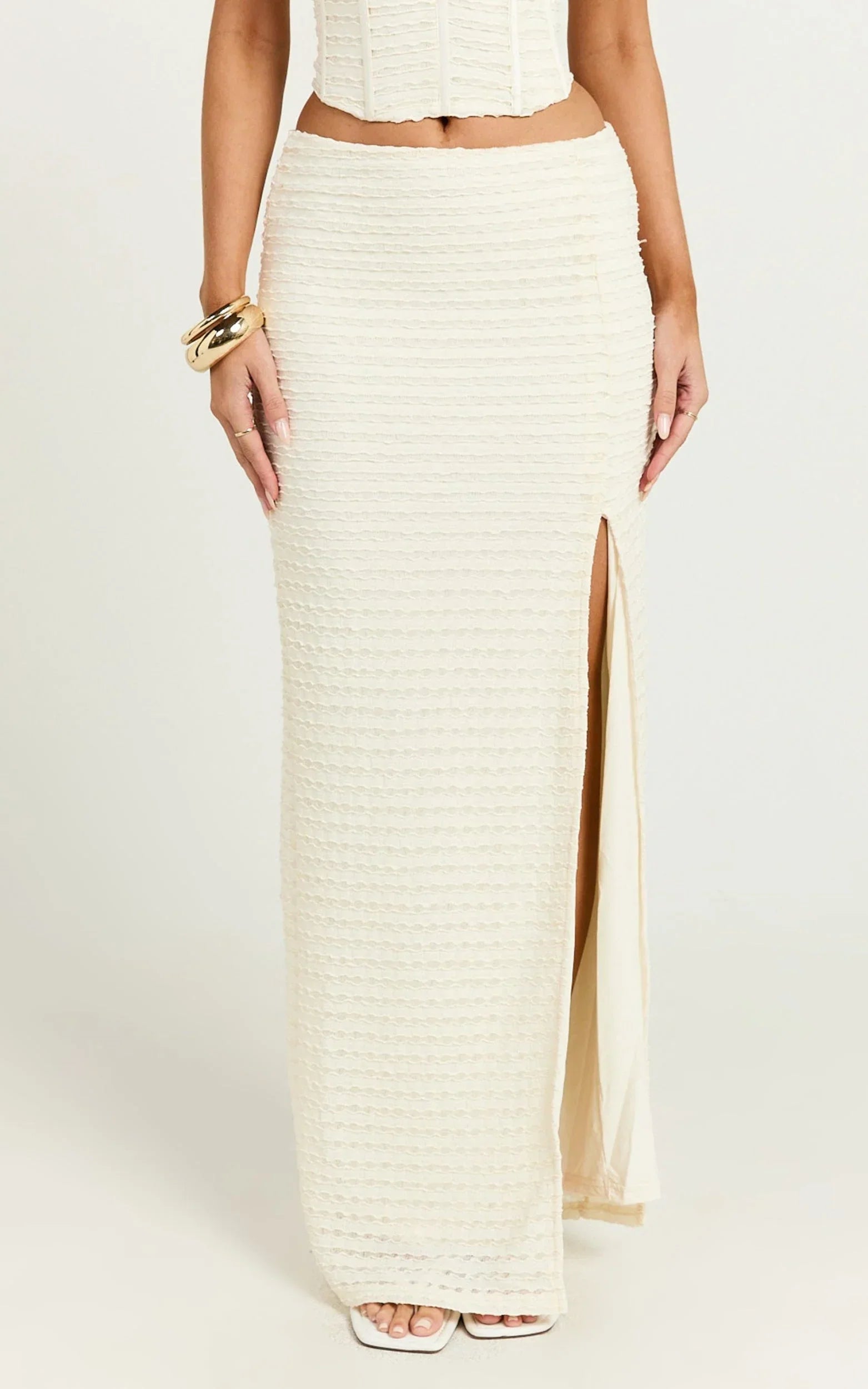 Christina Maxi Skirt - Crochet Maxi Skirt With Front Split in Cream