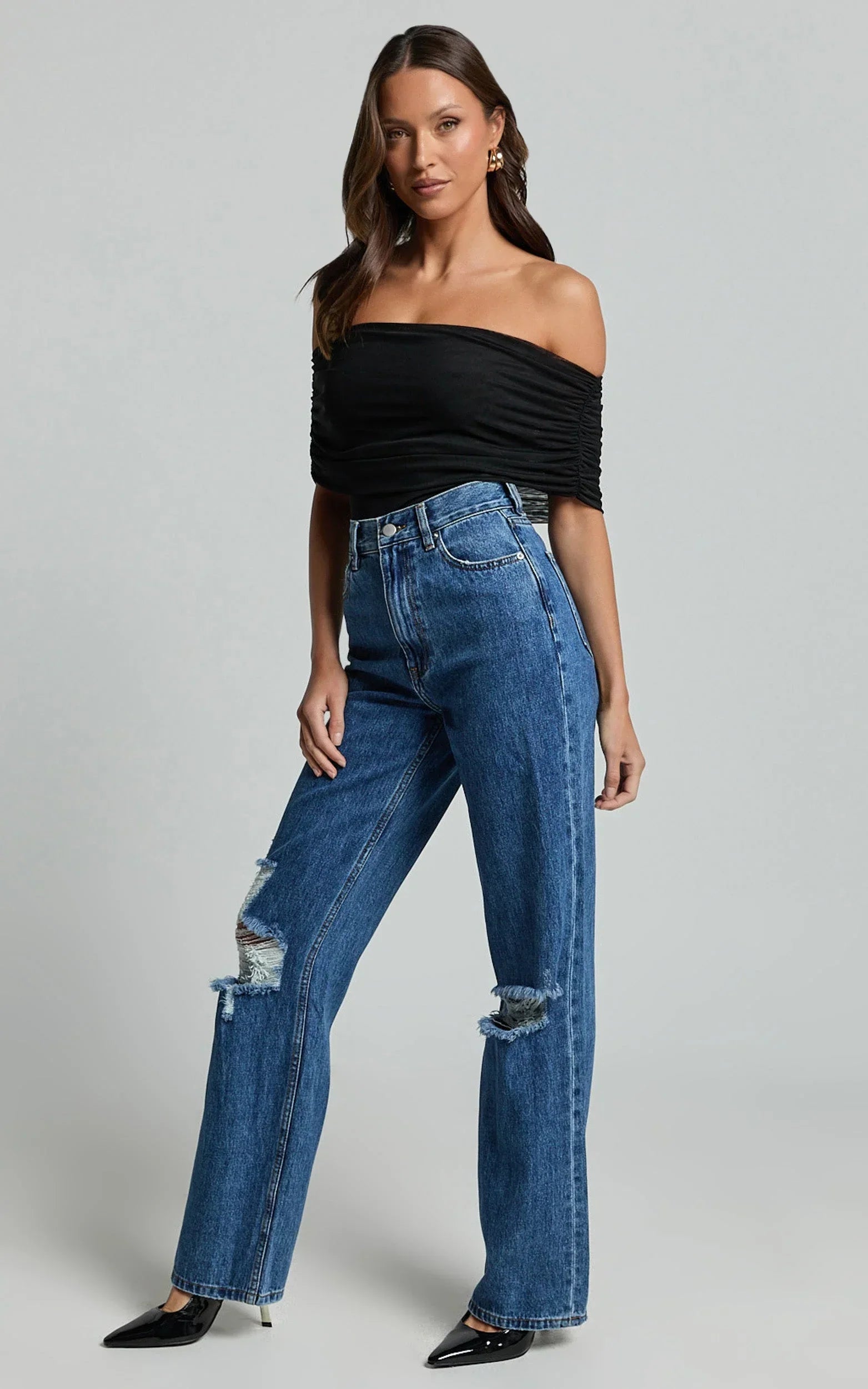 Miho Jeans - High Waisted Recycled Cotton Distressed Straight Leg Denim Jeans in Dark Blue Wash