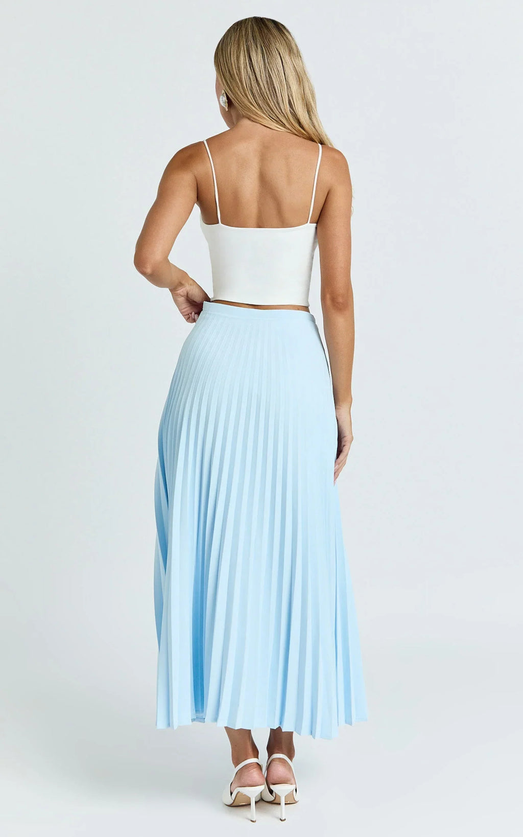Harlee Midi Skirt - Pleated High Waist A Line Skirt in Pastel Blue