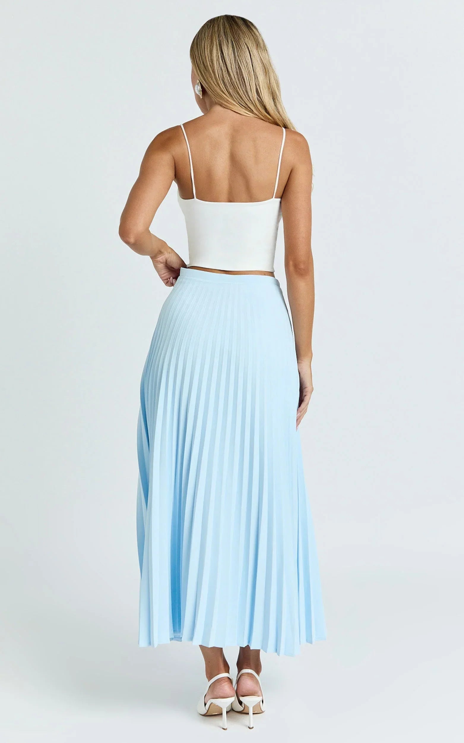 Harlee Midi Skirt - Pleated High Waist A Line Skirt in Pastel Blue