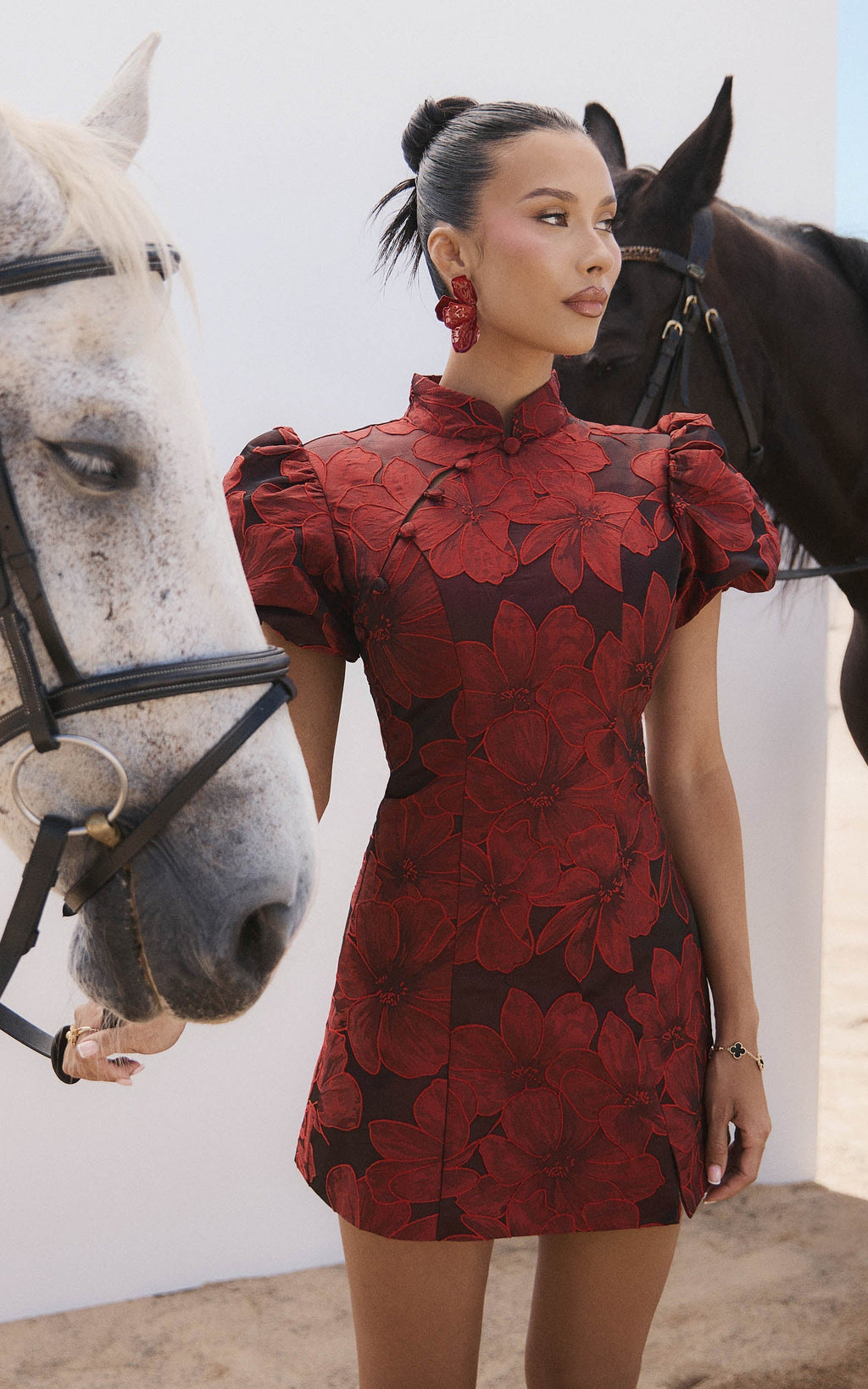 Mackay Mini Dress - Jacquard High Neck Puff Sleeve Dress in Wine