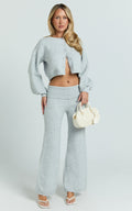 Ebony Two Piece Top and Pants Set - Knitted Crop Cardigan and Pants Set in Light Grey