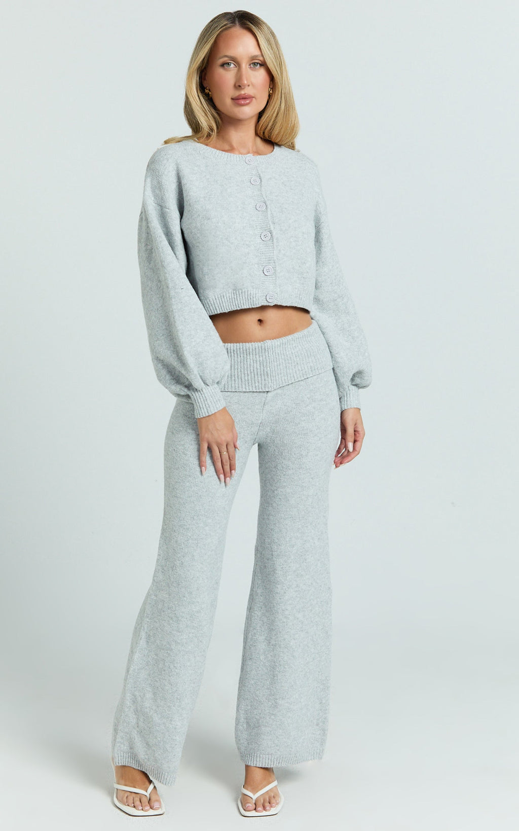 Ebony Two Piece Top and Pants Set - Knitted Crop Cardigan and Pants Set in Light Grey