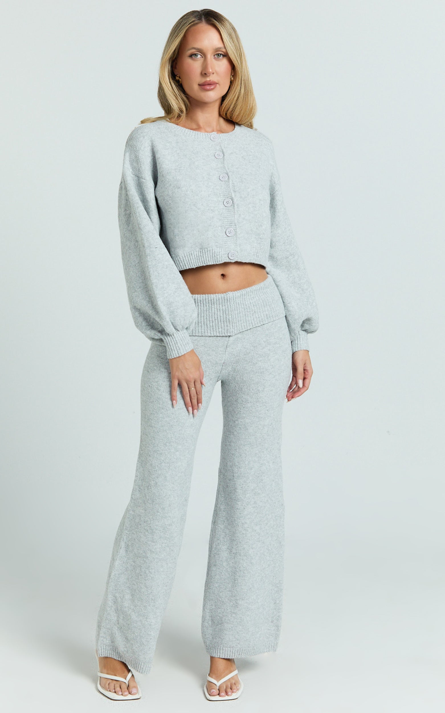 Ebony Two Piece Top and Pants Set - Knitted Crop Cardigan and Pants Set in Light Grey