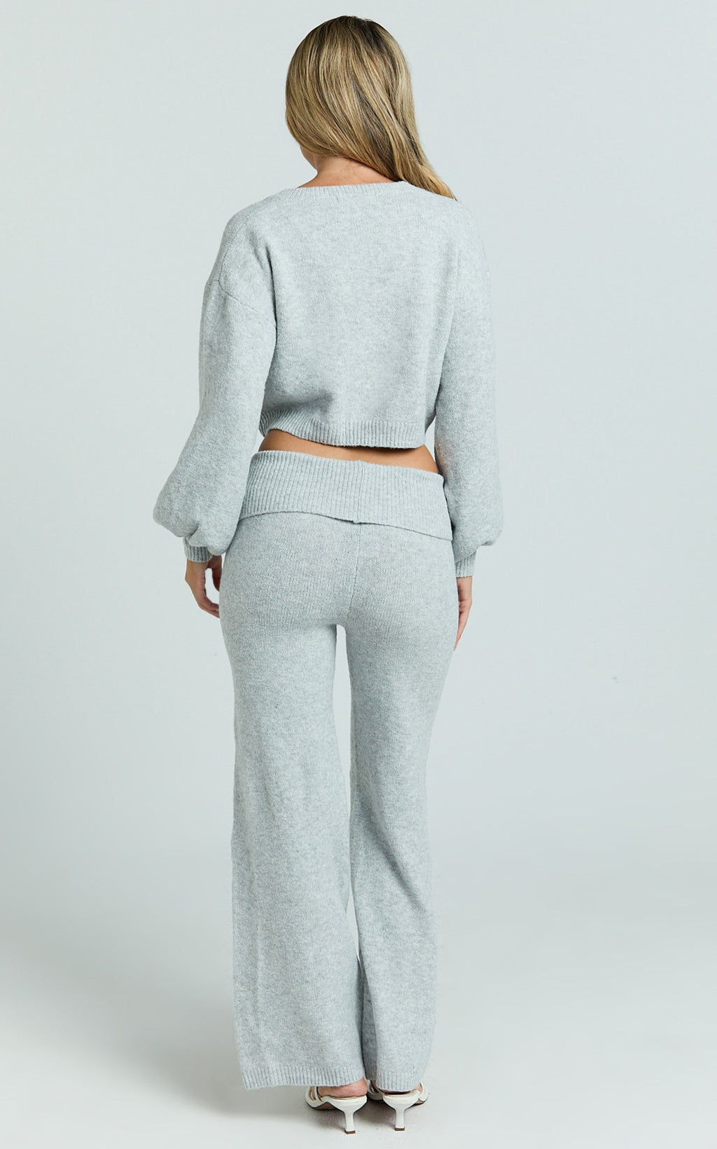 Ebony Two Piece Top and Pants Set - Knitted Crop Cardigan and Pants Set in Light Grey