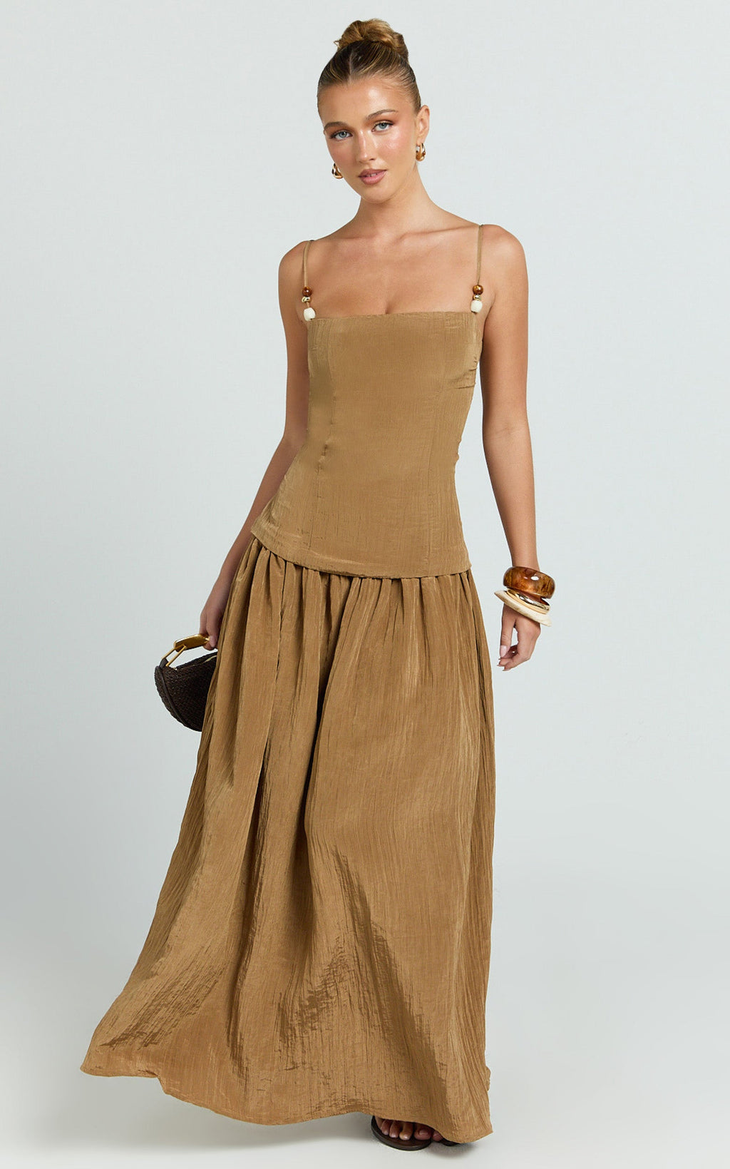 Edie Maxi Dress - Straight Neck Gathered Drop Waist Dress in Brown