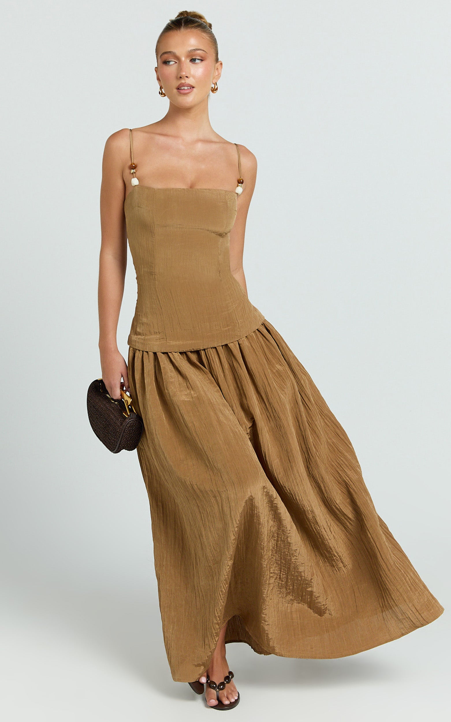 Edie Maxi Dress - Straight Neck Gathered Drop Waist Dress in Brown