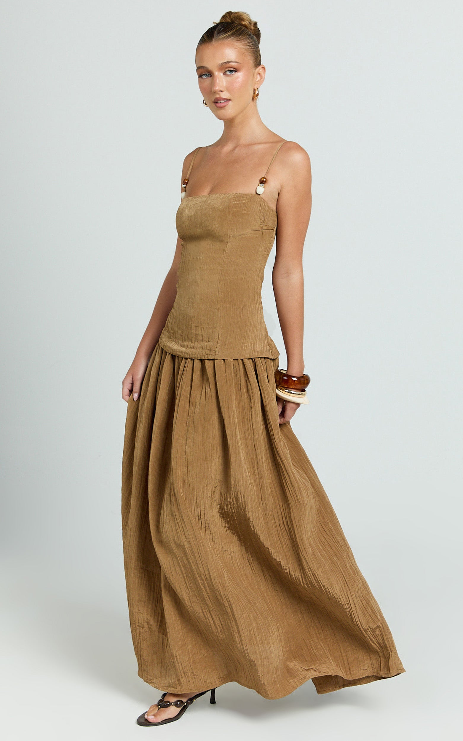 Edie Maxi Dress - Straight Neck Gathered Drop Waist Dress in Brown