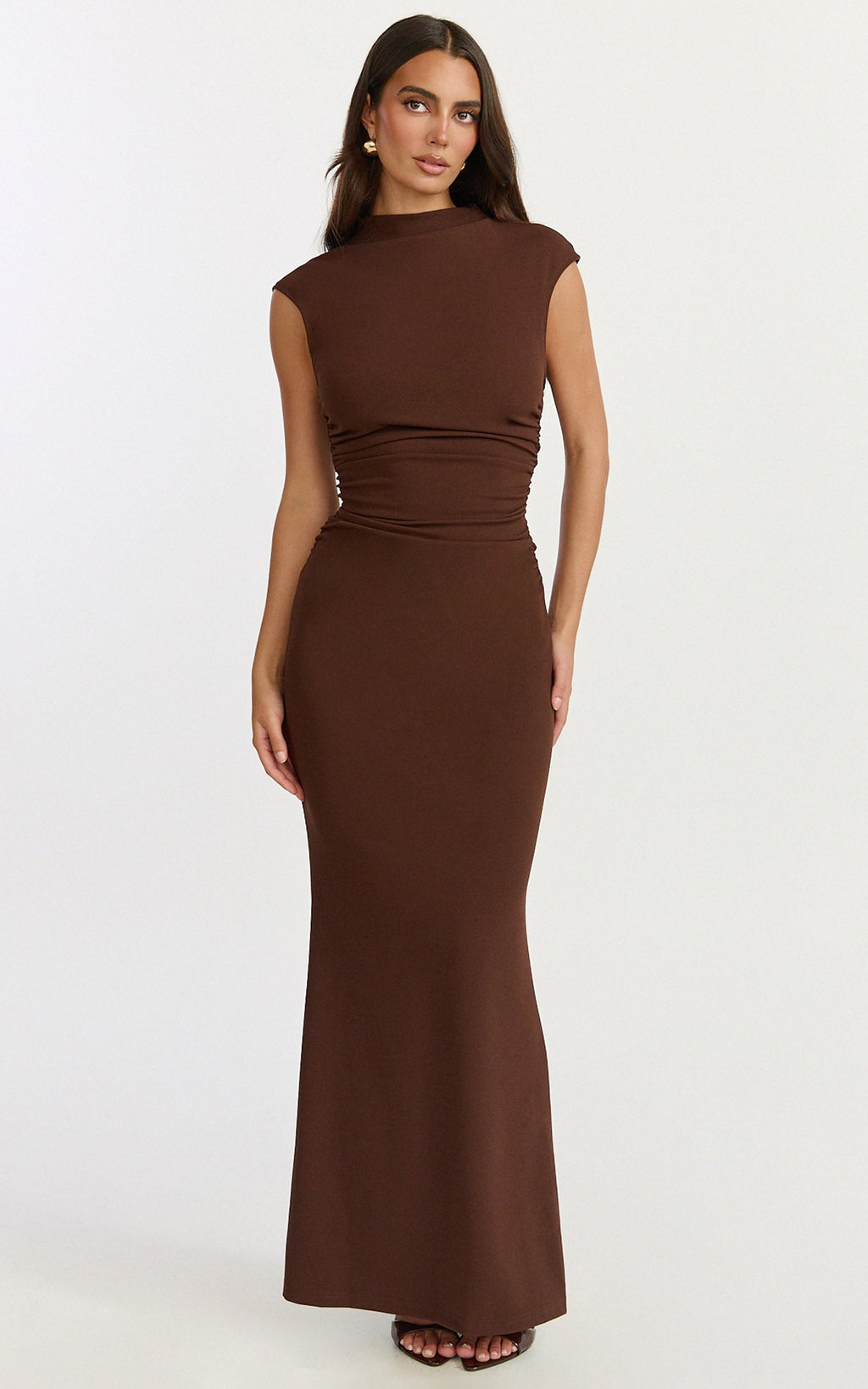 Eira Maxi Dress - High Neck Cap Sleeve Maxi Dress in Chocolate