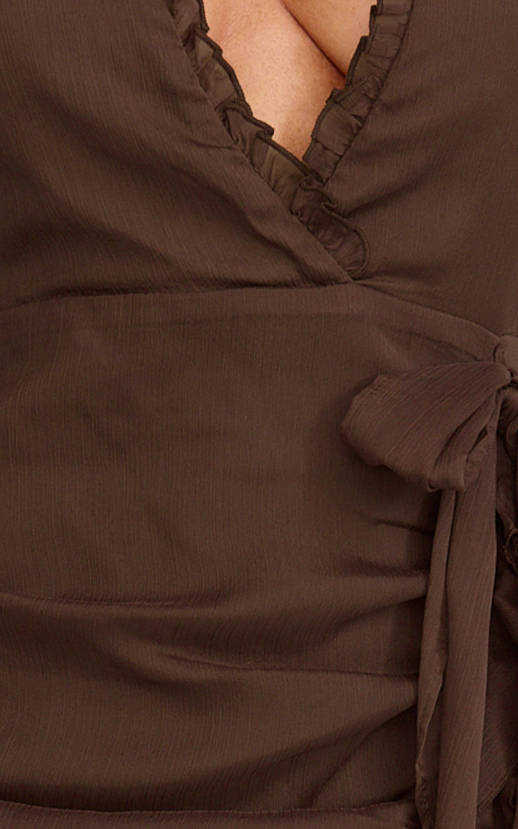 Eleonor Maxi Dress - Plunge Halter Tiered Ruffle Front Split Dress in Chocolate