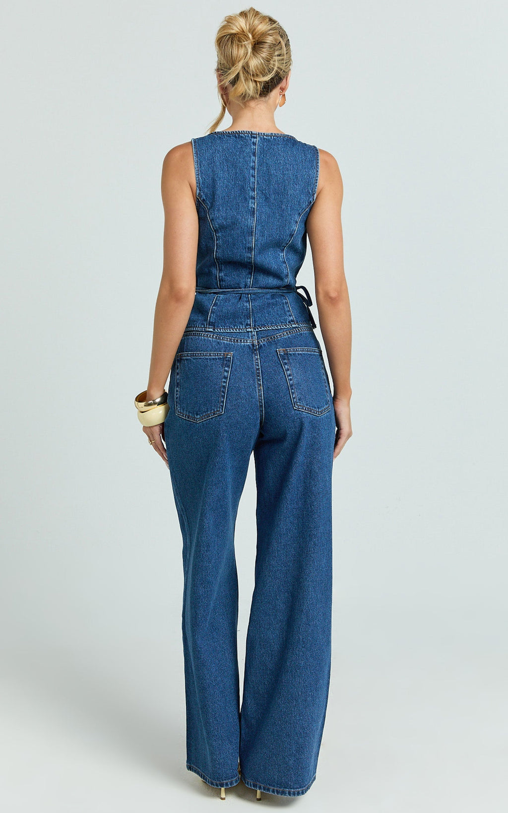 Eleonor Top - Denim V Neck Vest Top with Tie Waist in Mid Blue Wash