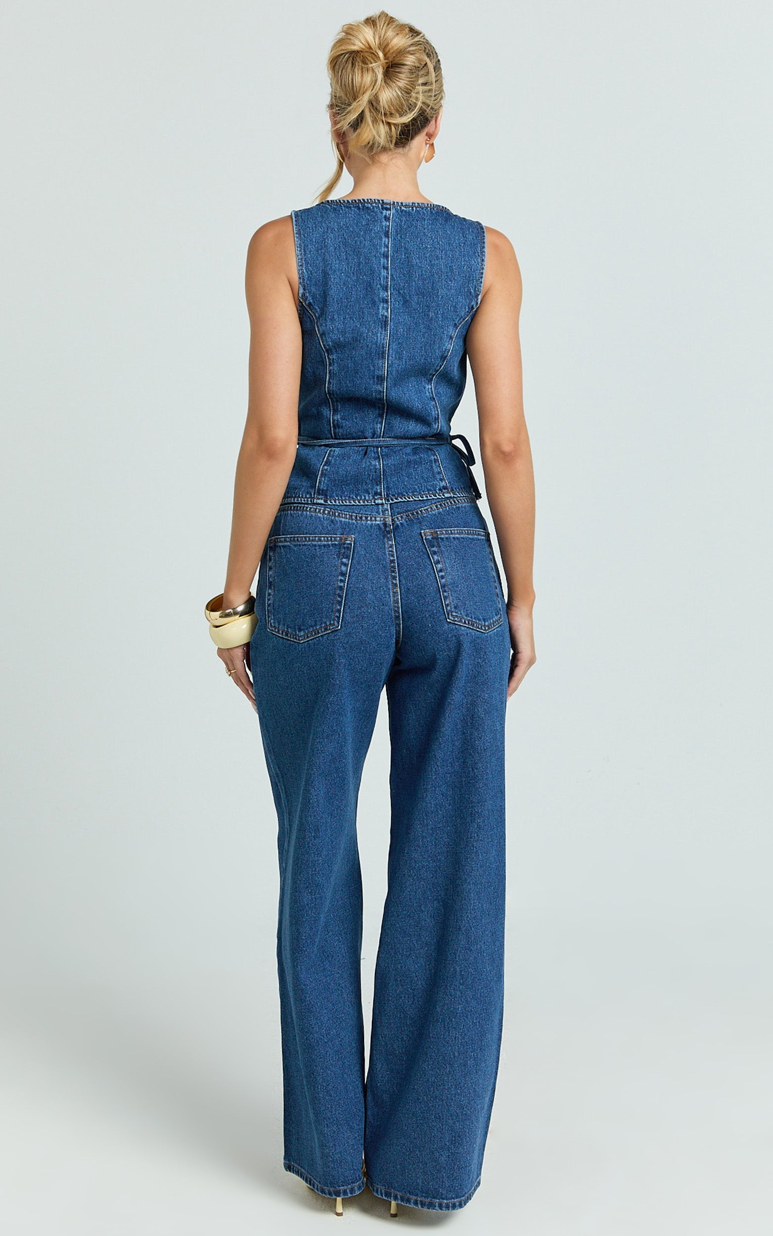 Eleonor Top - Denim V Neck Vest Top with Tie Waist in Mid Blue Wash