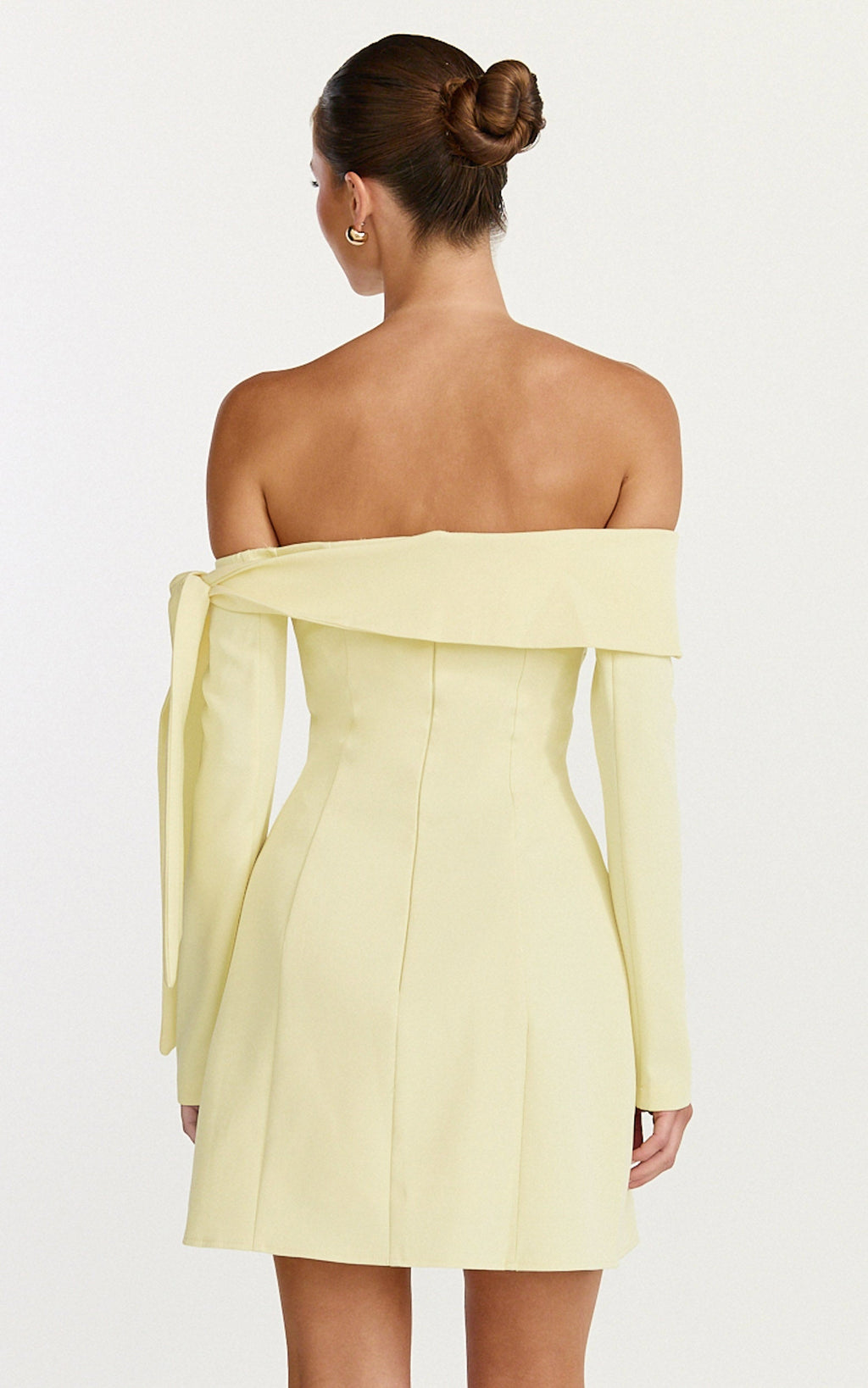 Eljay Mini Dress - Long Sleeve Off Shoulder Knot Detail Dress in Lemon