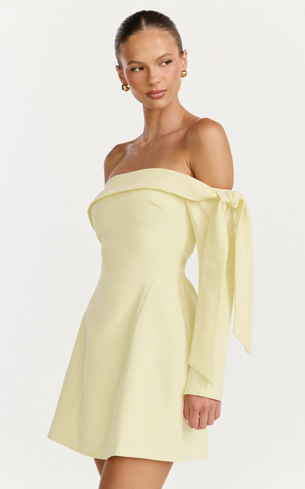 Eljay Mini Dress - Long Sleeve Off Shoulder Knot Detail Dress in Lemon