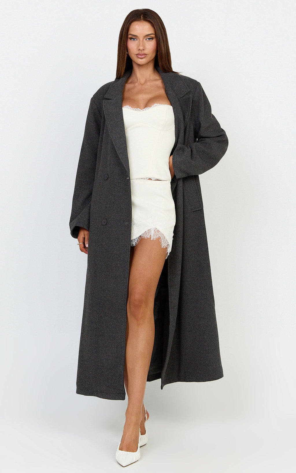 Eloise Coat - Oversized Longline Tailored Coat in Grey Marle