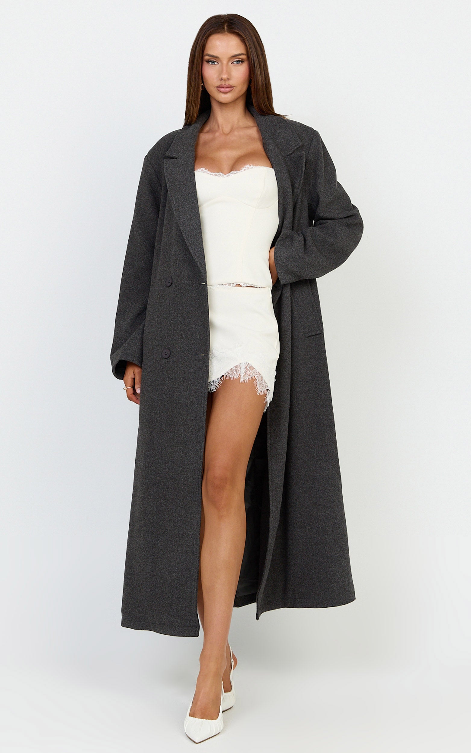 Eloise Coat - Oversized Longline Tailored Coat in Grey Marle